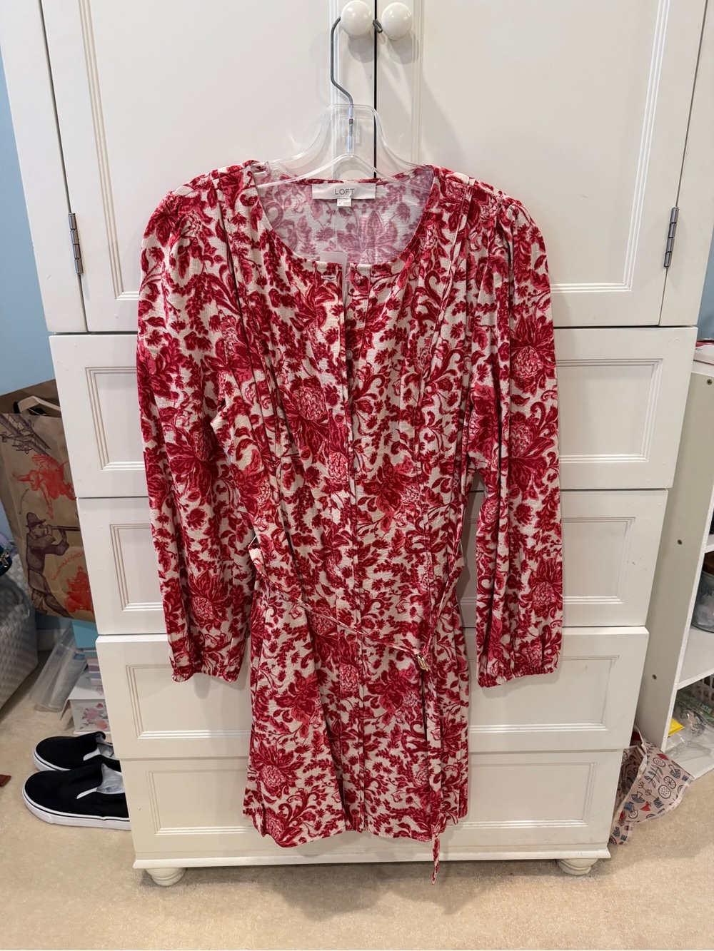 LOFT Red and Cream Long-Sleeve Floral Wrap Dress
